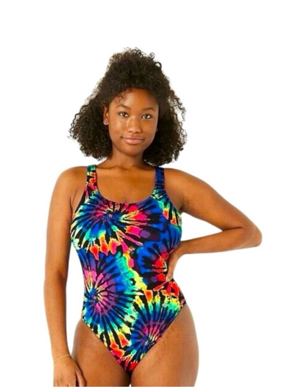 Victoria's Secret Pink Black Tie Dye Rainbow Scoop One Piece Bathing Swimsuit - Picture 2 of 6